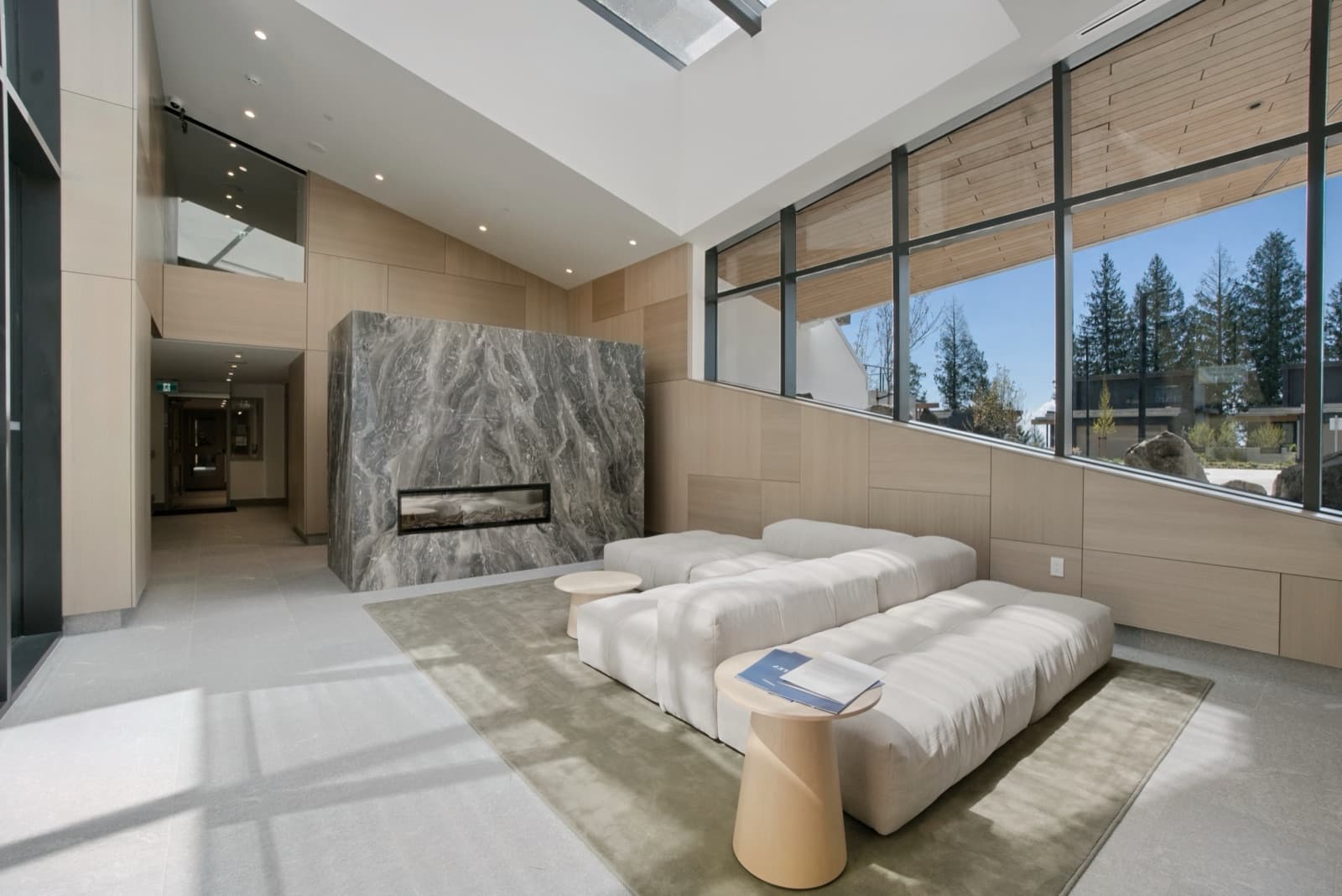 Loft bedroom with a marble fireplace
